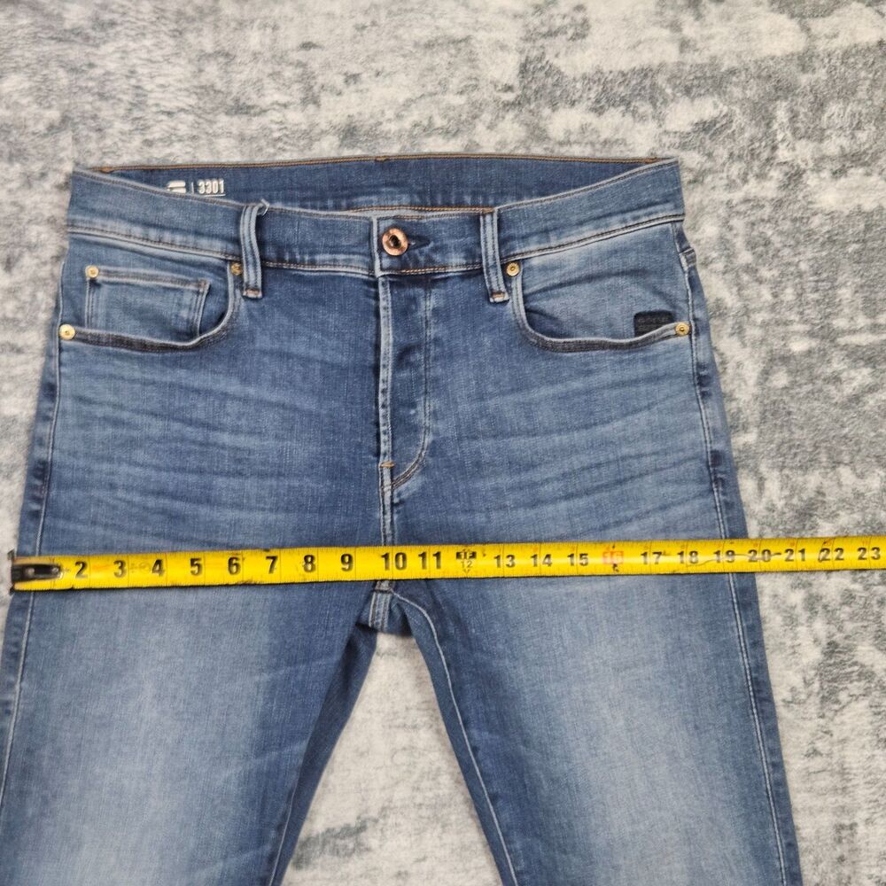 G Star Raw Jeans Mens 31x30 Blue Denim Slim Button Fly Light Wash Stretch 3301 - Picture 7 of 15